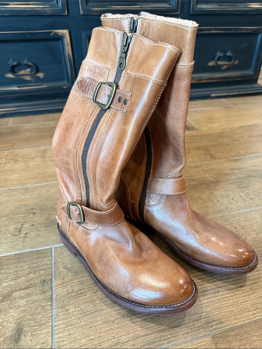 Bed Stu Tan Leather Mid-Calf Buckle Zip Boots